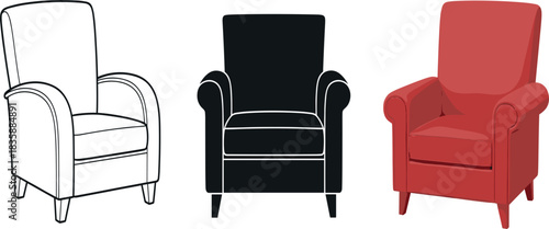 Set of modern armchairs in outline silhouette and colored styles for furniture design and home decor