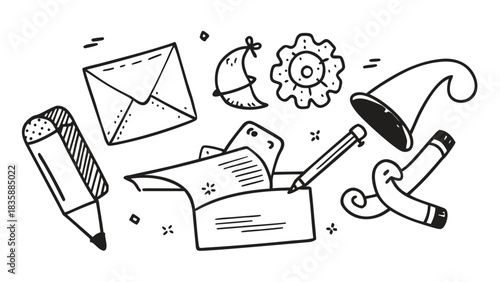 Black and white vector set of creative objects and fantasy symbols
