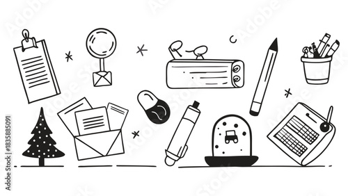 Hand Drawn Doodle Vector Collection of Office Supplies Business Travel Icons