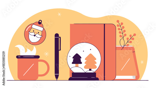 Flat Vector Illustration of Christmas Desk Workspace Stationery and Holiday Items