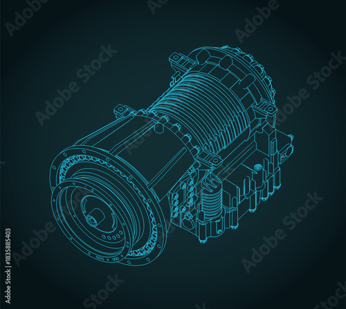 Automatic transmission for medium-duty commercial vehicles isometric blueprint illustration