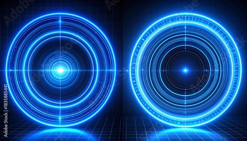 Futuristic Blue Neon Rings and Target Hologram on Grid Background, Digital Technology Concept, Cyberpunk Sci-Fi Design Element