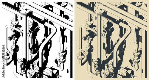 Industrial pipes valves and pressure gauge illustrations