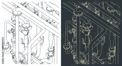 Industrial pipes valves and pressure gauge isometric drawings