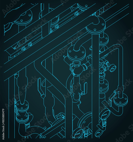 Industrial pipes valves and pressure gauge isometric blueprint