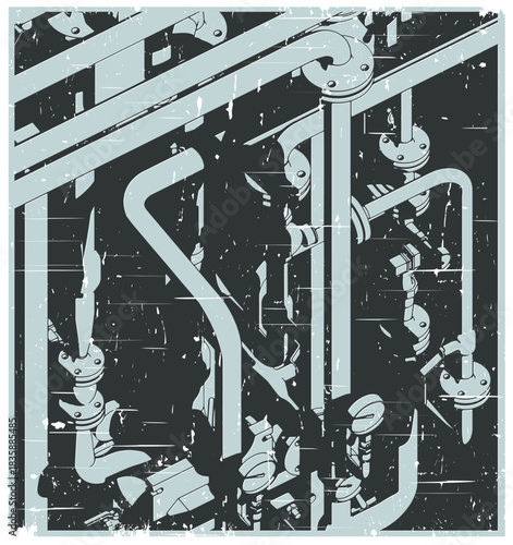 Industrial pipes valves and pressure gauge retro poster