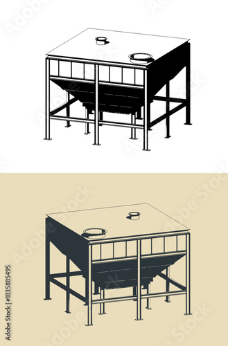 Industrial storage bunker for bulk materials isometric illustrations