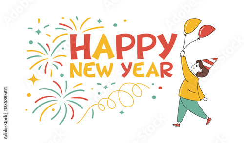 Happy new year celebration with fireworks and balloons