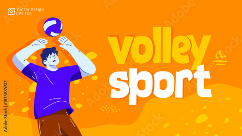 Volleyball Sport vector illustration with a bright orange background featuring a male athlete setting the ball in a dynamic, clean style. Ideal for sporting events, fitness training, and athletic