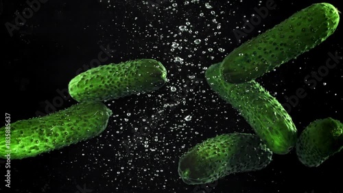 Cucumbers falling under water on a black background. Filmed on a high-speed camera at 1000 fps. High quality FullHD footage