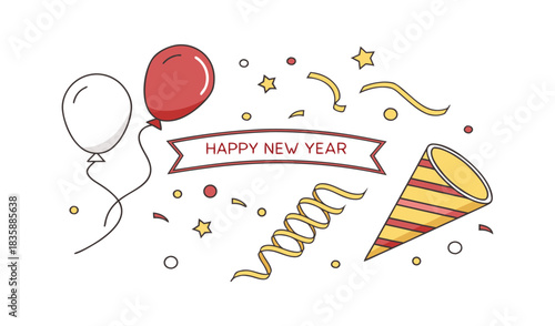 Happy new year celebration with balloons confetti and party horn
