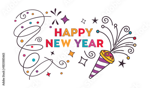 Happy new year celebration with confetti popper and streamers