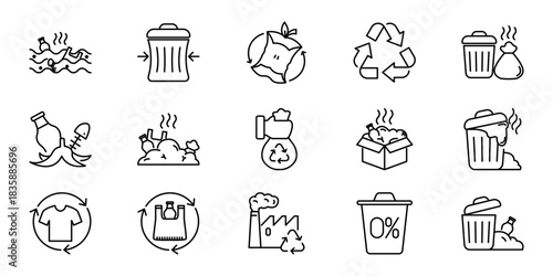 Comprehensive outline icon set illustrating waste management, recycling, and eco-friendly environmental protection concepts
