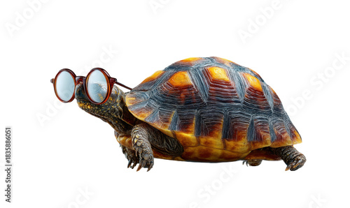 Close-up view of turtle in glasses at whimsical studio examined by photography critic