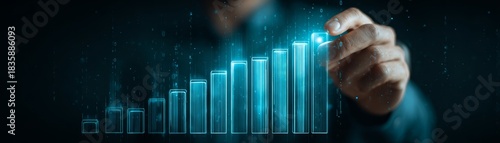 X-ray image of human hands holding a transparent 3D bar graph illustrating financial market growth and investment progress concept design vector