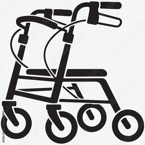 Black and White Icon of a Four-Wheeled Walker with Seat