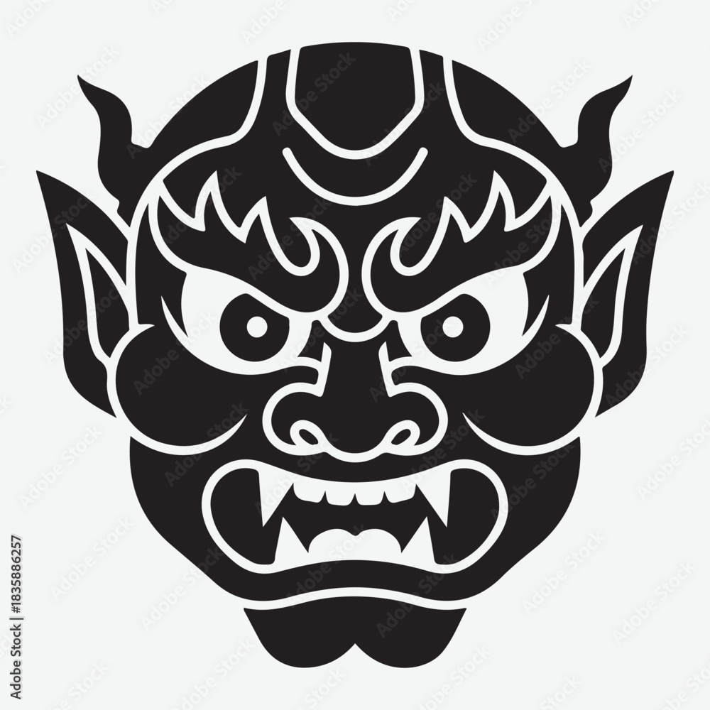 Fototapeta premium Black and White Oni Mask with Fierce Expression and Horns