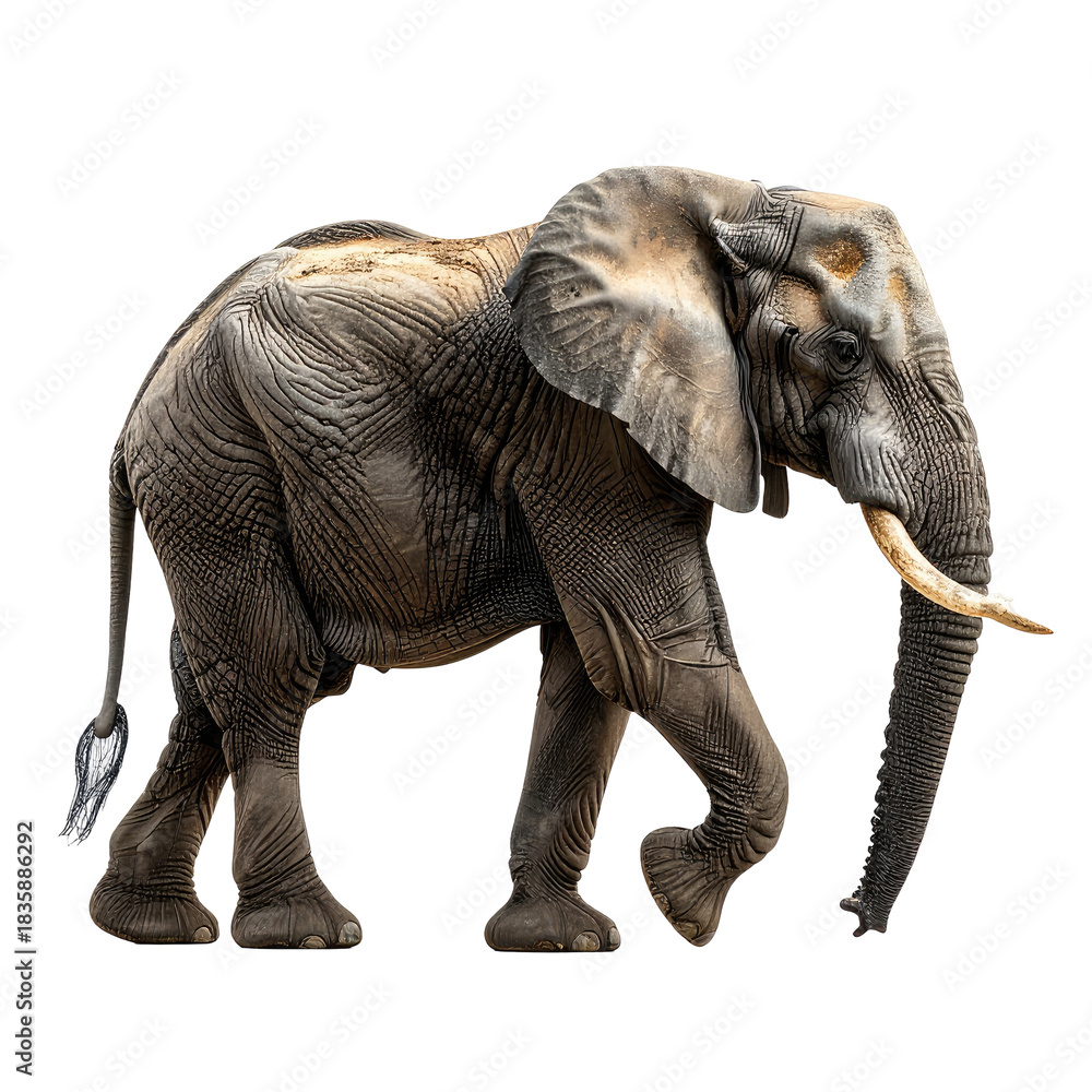 Fototapeta premium Majestic elephant walking, displaying its textured skin and tusks