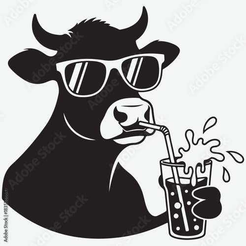 Cool Cow in Sunglasses Drinks Beverage with Straw and Splashes