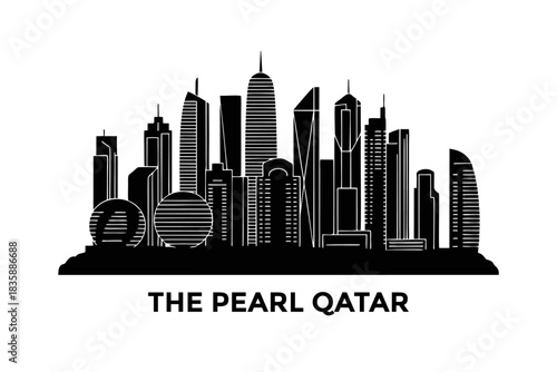 Vector silhouette of The Pearl Qatar with contemporary skyscrapers, urban skyline art suitable for posters, souvenirs, and national celebrations.