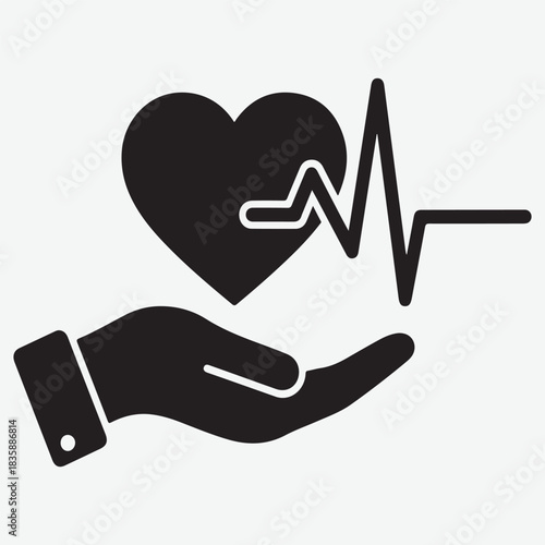 Heartbeat and Hand Icon: Symbolizing Health, Care, and Life Support
