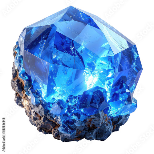 Luminous Sparkling blue crystal cluster on textured gray rock base