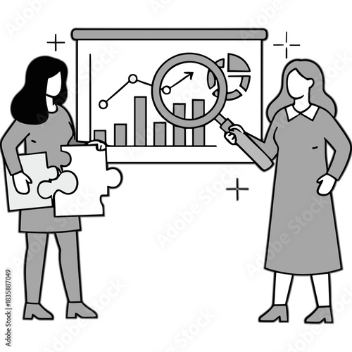Two Women Analyzing Financial Data on a Whiteboard with Magnifying Glass and Puzzle Piece in a Modern Office Setting