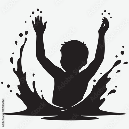 Silhouette of a child splashing in water with arms raised