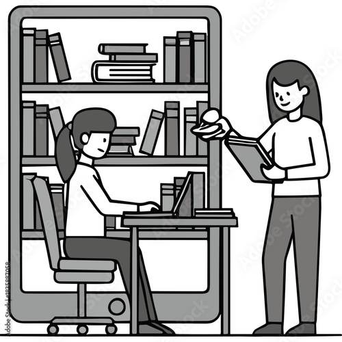Two women are in a library with bookshelves behind them one woman is using a laptop and the other is holding a book. The image is in black and white. 