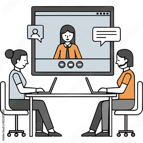 Two Women Attend Virtual Meeting On Laptop Screens Connecting With Colleague In Video Conference On A Computer Screen With Chat Bubbles Displaying Communication And Collaboration