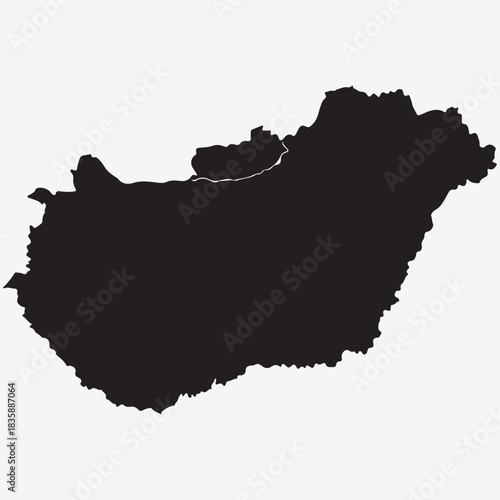 Silhouette map of Hungary with a white outline of a river