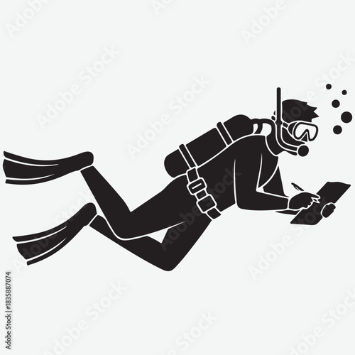Silhouette of a Diver with Scuba Gear Writing on a Clipboard Underwater