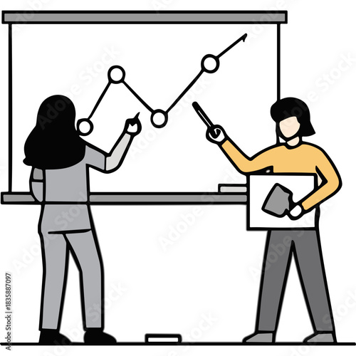 Two Women Collaborate Presenting a Growing Business Graph on a Whiteboard in a Bright Office Setting Demonstrating Upward Trends and Analysis