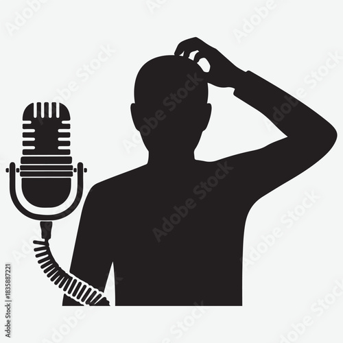 Silhouette of a person scratching their head next to a microphone