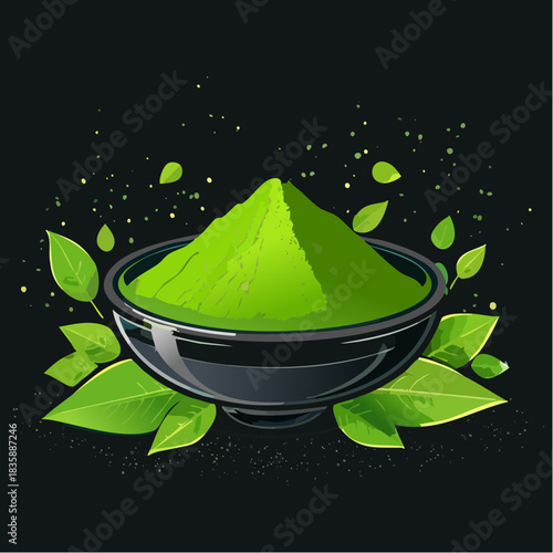 黒い背景に置かれた鮮やかな抹茶のパウダーのベクターイラスト 粉末緑茶、高級和風素材