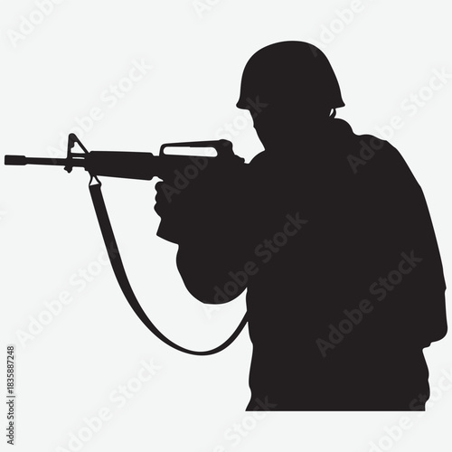 Silhouette of a soldier aiming a rifle, isolated on white background