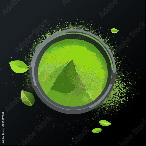 黒い背景に置かれた鮮やかな抹茶のパウダーのベクターイラスト 粉末緑茶、高級和風素材