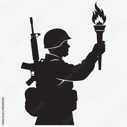 Silhouette of a soldier holding a torch with a rifle on his back
