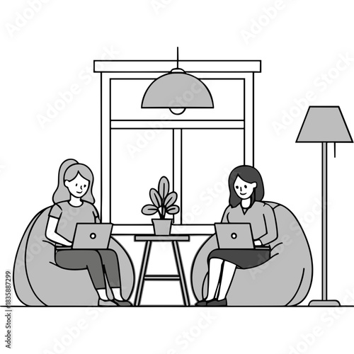 Two Women Working on Laptops in a Bright Room with a Large Window and Floor Lamp Casual Seating Arrangement with Beanbag Chairs and a Plant