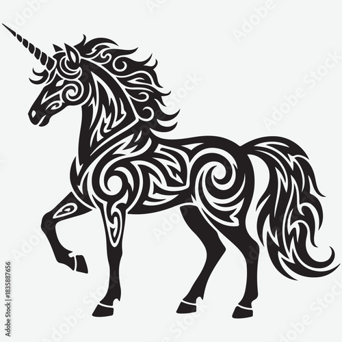 Stylized Black Unicorn Silhouette with Tribal Patterns