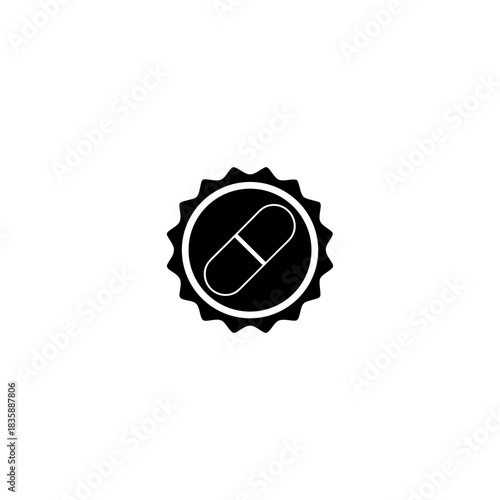 Illustration of a capsule pill inside a circular shape with a jagged edge in black and white on transparent background
