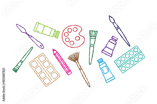 Set of painting tools collection. hand drawn colorful supplies elements, paint tubes, brushes, pencil, watercolor, palette. Trendy line art vector illustration isolated on white background