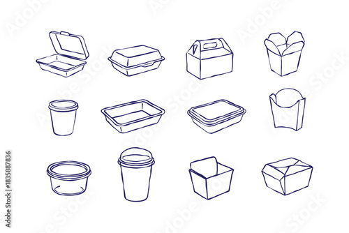 Set of cardboard food boxes line art style. Takeaway containers. Vector hand drawn paper and plastic takeaway containers collection. Empty snack packaging. Carton recyclable packs illustration