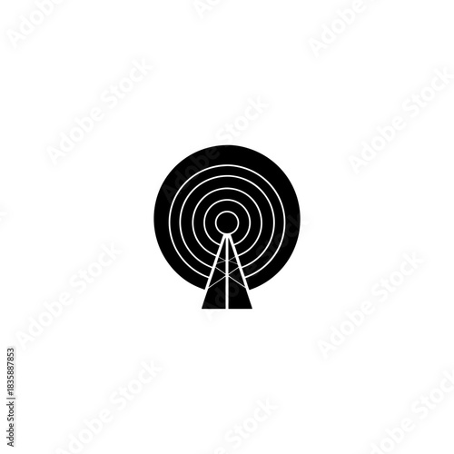 Illustration of a black transmission tower with concentric circles emanating from behind it on transparent background