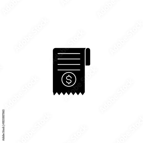 Illustration of a black receipt with horizontal lines and a dollar sign on a white background on transparent background