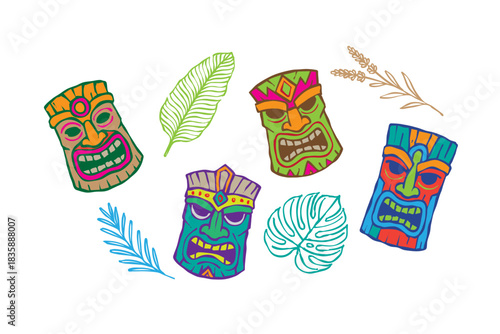 Set of mask vector illustration, Hawaii totem face colorful, hand drawn tribal Aztec warrior head, isolated on white. Tropical maya native culture sculpture, primitive traditional art illustration