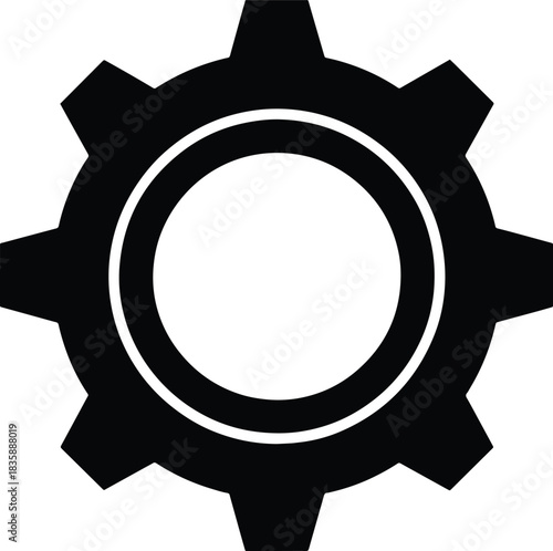 A bold black gear silhouette icon representing industrial machinery, mechanical engineering, and system settings, a vector graphic for workflow and process configuration