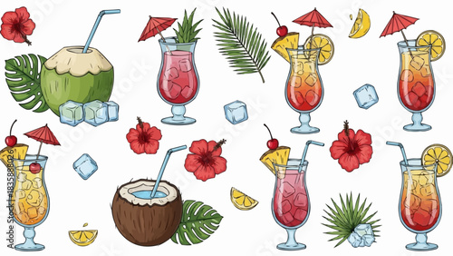 Collection of hand drawn tropical summer cocktail illustrations.