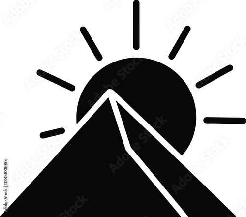 A minimalist vector icon of the sun rising over an ancient Egyptian pyramid, symbolizing a new day, a timeless journey, and endless energy