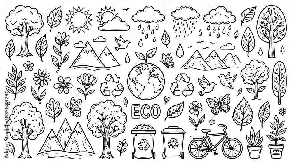 Fototapeta premium Hand Drawn Nature and Environment Doodle Vector Set - Eco-Friendly, Plants, Weather Icons & Sustainability Symbols